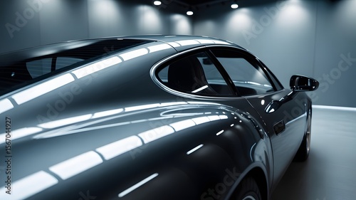 back view of a shiny and glossy black sports car in minimal black room setup 