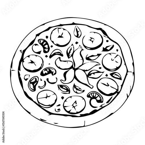 Round seafood pizza illustration, black and white style, food graphic design, copy space
