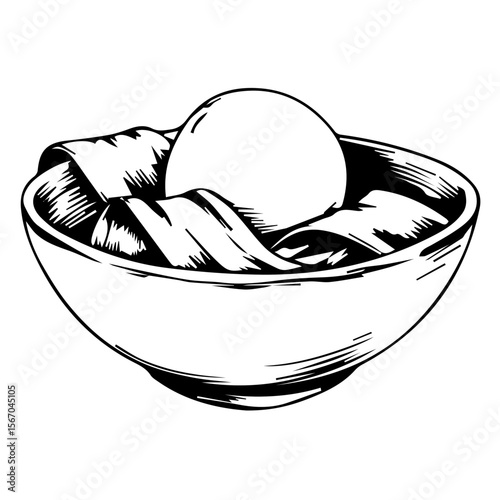 Sliced prosciutto and mozzarella in a bowl, black and white illustration, food graphic design, copy space