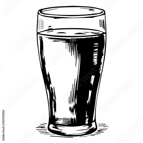 Glass of beer illustration, black and white style, drink graphic design, copy space

