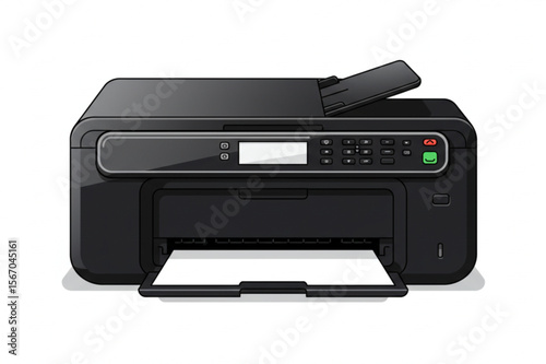 Sophisticated printer design with sleek black coloring, suitable for office supplies and technological product visuals for design or decoration.