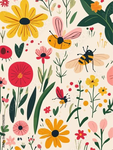 Playful flat garden illustration with colorful flowers, ladybugs, bees and butterflies for nursery wall art, packaging, greeting cards and printable crafts