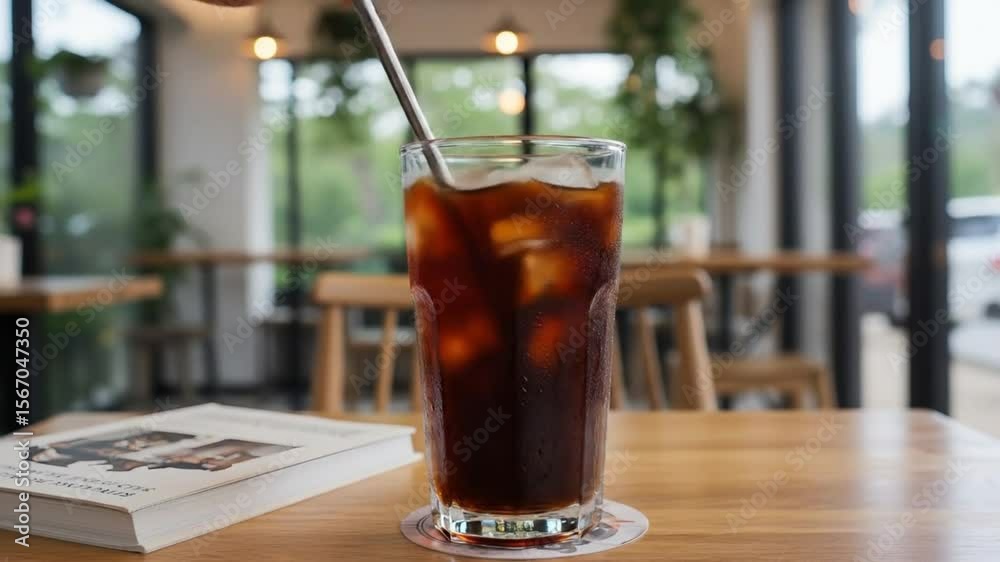 Glass of soda on a wooden table in a gourmet setting Glass of soda on a wooden table in a gourmet setting