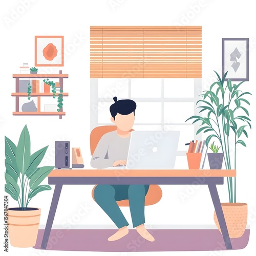 Flat Vector Illustration of Person Working on Laptop in Cozy Home Office