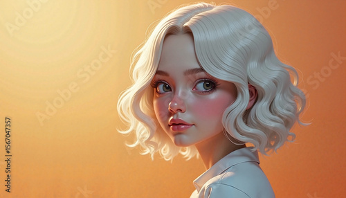 Stylish platinum blonde teen girl with wavy hair posing against warm gradient background for youth identity, self-expression, and teen individuality concepts, copy space