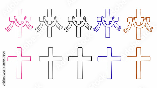 A set of cross vector icons featuring simple and decorated Christian crosses with cloth drapery, shown in multiple color outlines including pink, black, blue, and orange