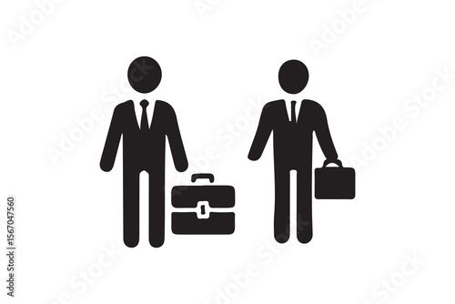 Two business professionals standing with briefcases, ready for a meeting.Simple black and white silhouette illustration of two businessmen, each holding a briefcase.