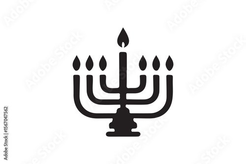 Simple black and white menorah graphic for Hanukkah.A stylized, black silhouette of a nine-branched menorah.