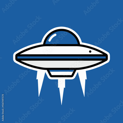 Stylized UFO icon with exhaust flames on a  blue background
