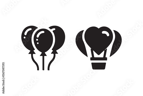 Festive Balloons and Heart-Shaped Hot Air Balloon Graphic.Simple black and white graphic design featuring a cluster of balloons and a hot air balloon shaped like a heart.