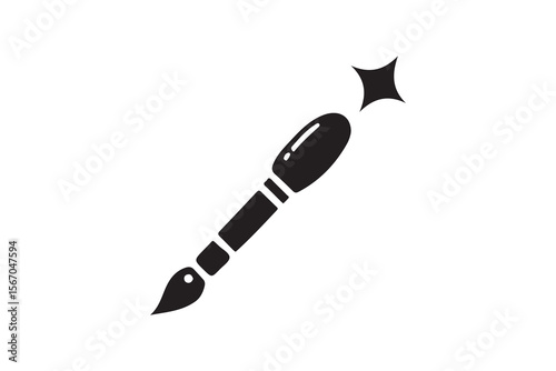 Magical Artistic Brush Icon.A stylized, black and white icon of a paintbrush with a magical sparkle effect emanating from the brush tip.