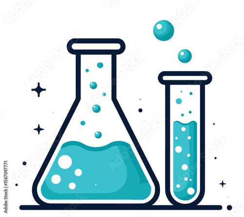 Laboratory glassware with blue liquid and bubbles on a clean background
