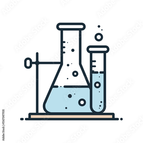 Laboratory glassware with clear liquid and bubbles on a clean background