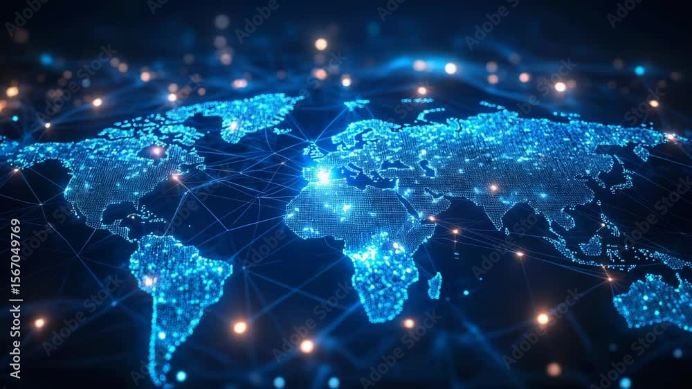 A glowing digital world map displays interconnected nodes, illustrating global network connectivity A glowing digital world map displays interconnected nodes, illustrating global network connectivity