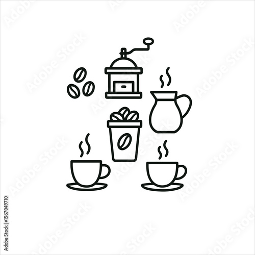 Coffee Making Process Line Art Icon Set - Beans, Grinder, Pot, Takeaway Cup, and Steaming Mugs for Cafes and Baristas