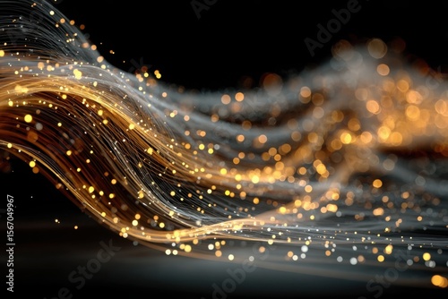 Abstract golden light streaks with bokeh on a dark background