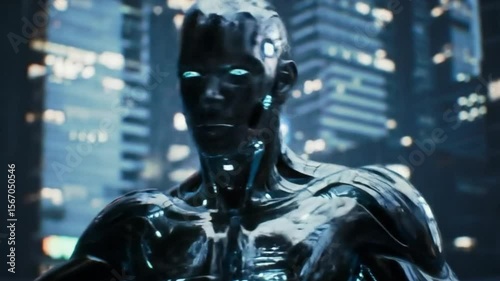 3D Render of a Futuristic Android Robot in a Cyberpunk Urban City Environment