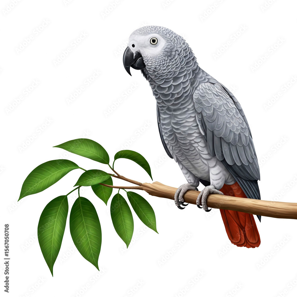 Fototapeta premium Grey Parrot on Branch for Wildlife Art, Pet Decor, and Children’s Book Illustrations