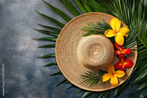 Top view of summer straw hat decorated with tropical flowers and palm leaves on dark textured background. For travel, vacation, beach fashion concepts, or summer holiday themes in advertising