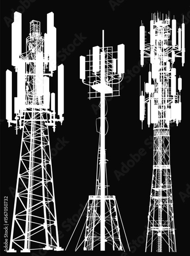 group with three antenna tower silhouettes on black