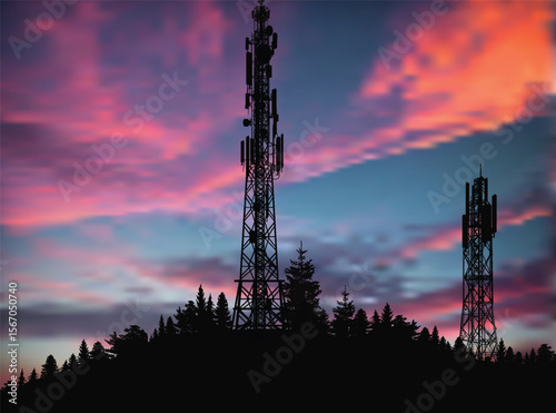 antenna tower silhouette in black forest at lilac sky background