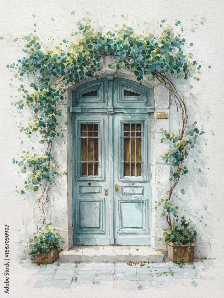 Fototapeta premium Softly colored blue double doors stand in a cozy location, surrounded by vibrant green vines. The charming entrance invites exploration, featuring potted plants on either side.