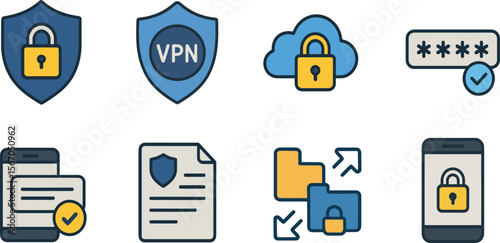 Flat vector icons of data protection and cybersecurity. Shield lock, secure cloud, password field, privacy policy, Two-factor authentication, antivirus shield, secure file transfer, VPN tunnel