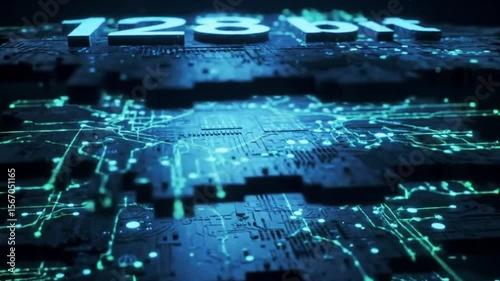 3D animation of a futuristic circuit board with glowing elements and 128 bit text