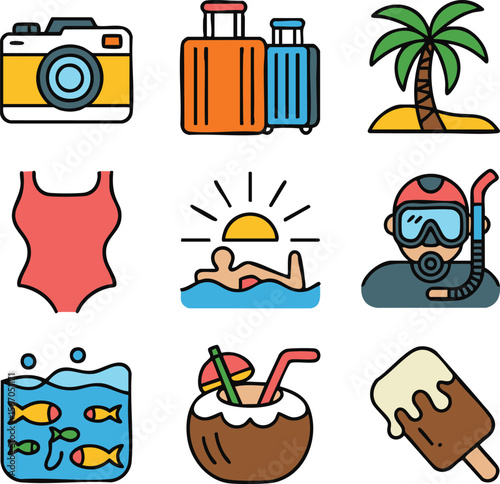 Tropical Vacation Icons Summer Travel, Beach Getaway, and Island Paradise Illustrations