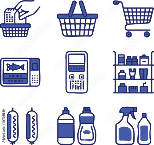 Grocery Shopping Icons Supermarket, Basket, Cart, Food, and More
