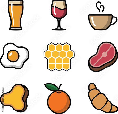 Collection of nine flat design food and drink icons including beer wine coffee egg steak honeycomb toast orange and croissant
