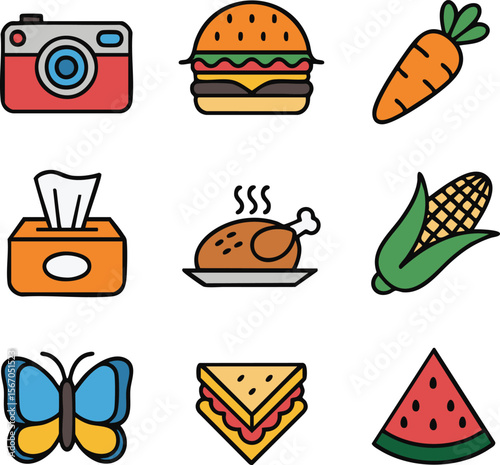 Collection of colorful flat design icons representing food nature and everyday objects