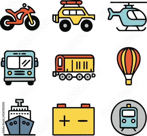 Collection of colorful flat design icons representing various modes of transportation and a car battery