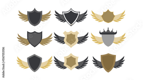 Shields with wings vector collection for logo design and heraldic emblems set