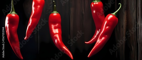Close up of vibrant red chili peppers hanging densely against dark rustic wooden surface