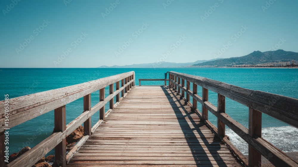 Wooden pier stretching into calm ocean, a serene escape into simplicity and peace
Wooden pier stretching into calm ocean, a serene escape into simplicity and peace