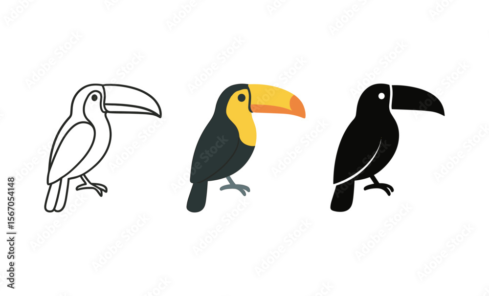 Fototapeta premium Three toucan illustrations: outline, colorful, and silhouette variations on white background