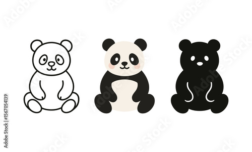 Cute minimalist panda art: outline, color, and silhouette variations for creative design