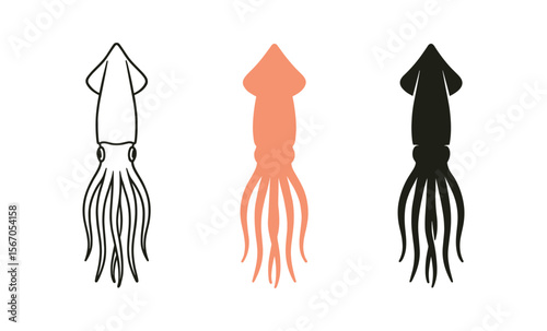 Minimalist squid silhouettes in black, white, and coral on light background