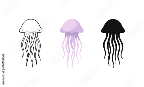 Three minimalist jellyfish icons in monochrome and pastel
