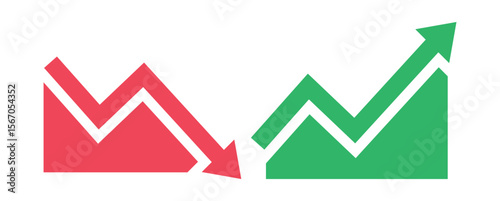 Graph going down and up sign with green and red arrows vector. Bar chart symbol icon with arrow moving down and sales bar chart with arrow moving up.