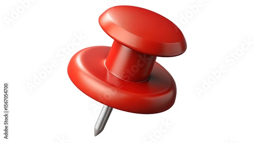 A realistic 3d rendered image of a single red push pin on a bright white isolated background for various design projects