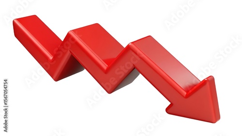 A vibrant 3d rendered red arrow graphically representing downward trend depicting decline, failure, and negative outcomes on a white background.