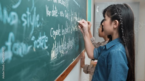 Skilled asian girl writing engineering prompt and programing system while standing blackboard with generated AI prompt written by diverse smart student at STEM technology lesson. Education. Pedagogy.