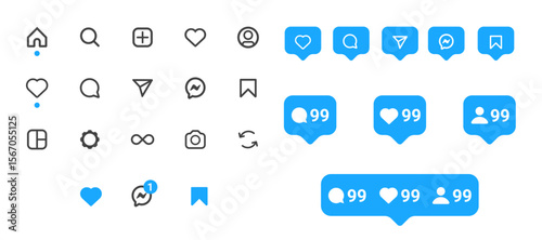 Instagram interface icon set with transparent background and social media logo symbols for mobile app UI UX design and digital communication vector illustration