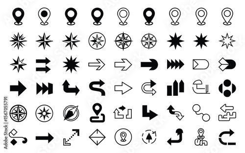 “Navigation Icon Set – Black Silhouette Compass Rose Symbols, Directional Arrows, Map Pins, Location Markers, and Route Indicators for GPS, Travel, Wayfinding, and User Interface Design”