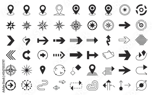 “Navigation Icon Set – Black Silhouette Compass Rose Symbols, Directional Arrows, Map Pins, Location Markers, and Route Indicators for GPS, Travel, Wayfinding, and User Interface Design”
