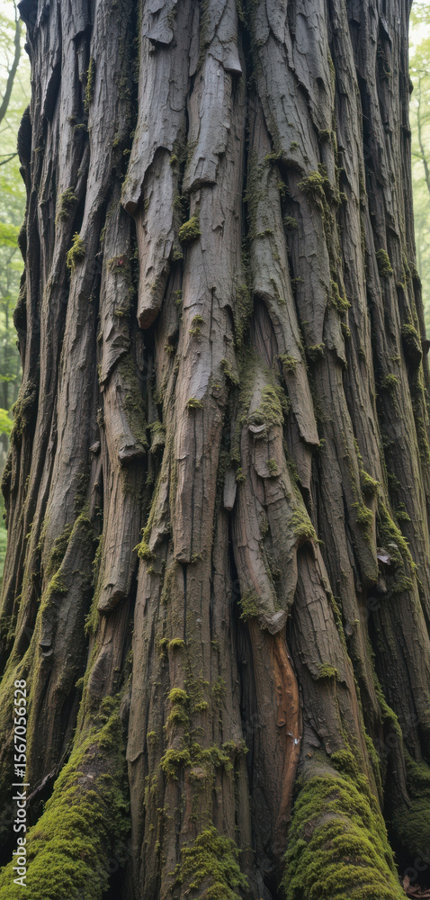 Obraz premium Tall tree trunk with textured bark and green moss, showcasing nature beauty and resilience