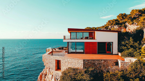 Luxury modern villa on rocky seaside perfect for travel brochures or real estate promotions
