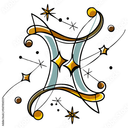 Decorative astrological symbol of the zodiac sign Gemini with stars and swirling lines on transparent background